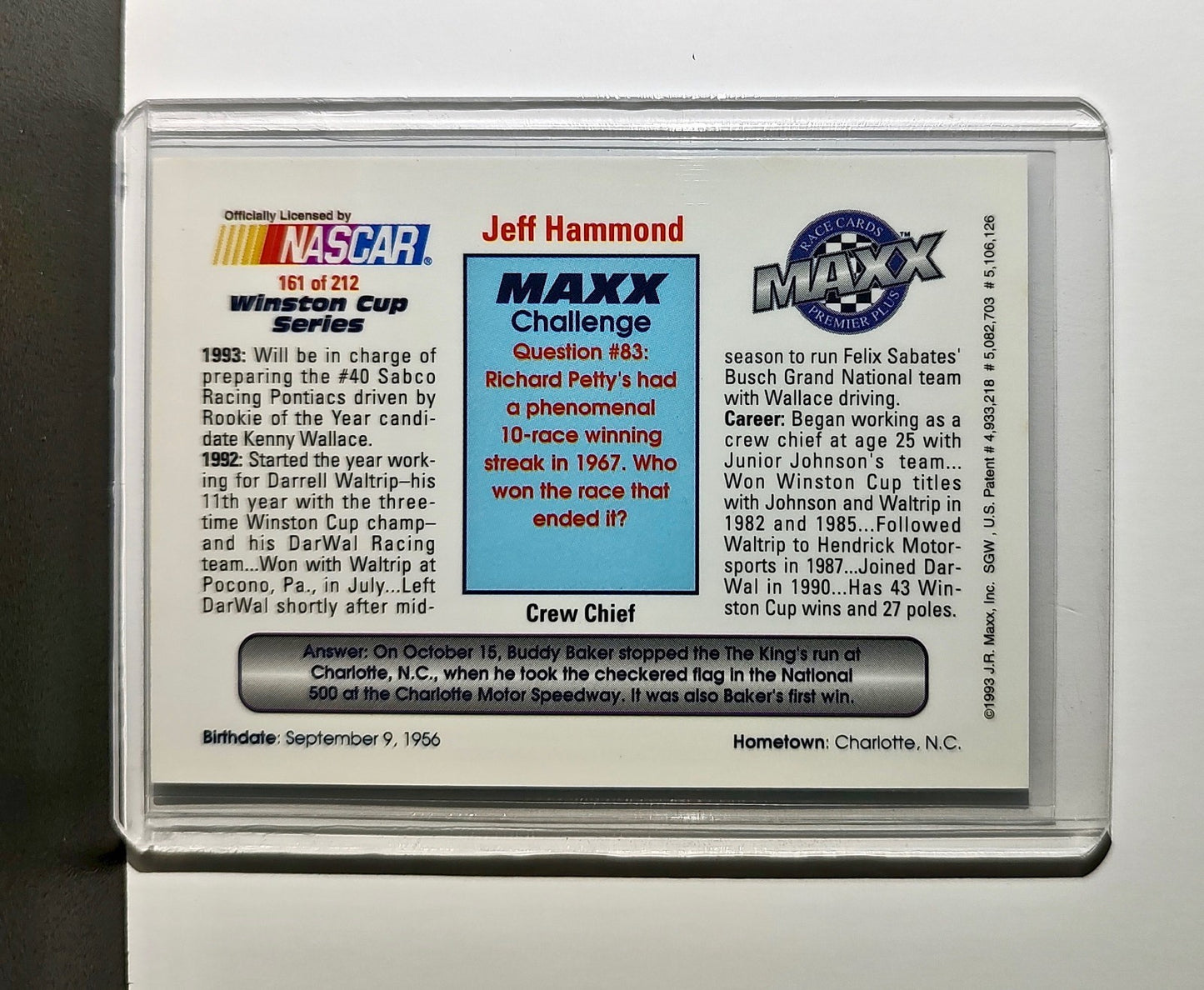 Jeff Hammond 1993 Maxx Premier Plus Racing #161 NASCAR Card SABCO Racing