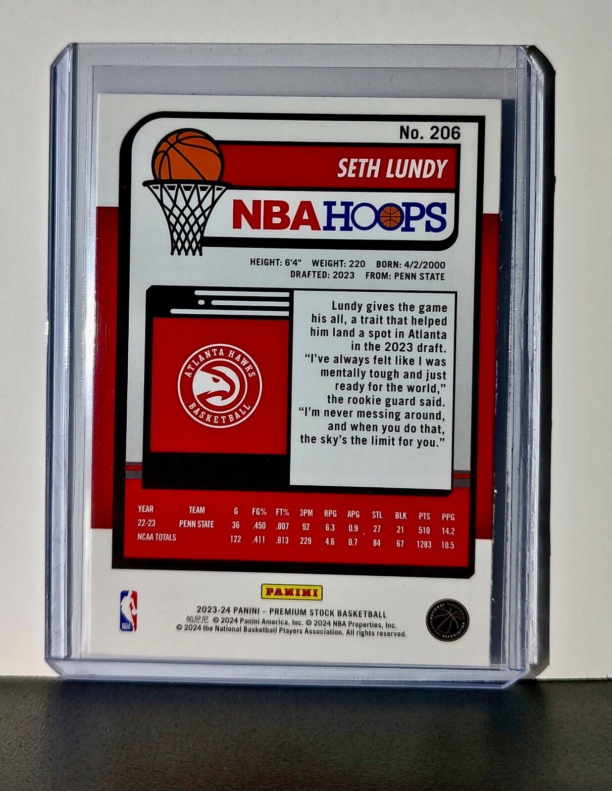 Seth Lundy 2023-24 Panini Premium Stock NBA Hoops #206 Rookie Card Atlanta Hawks