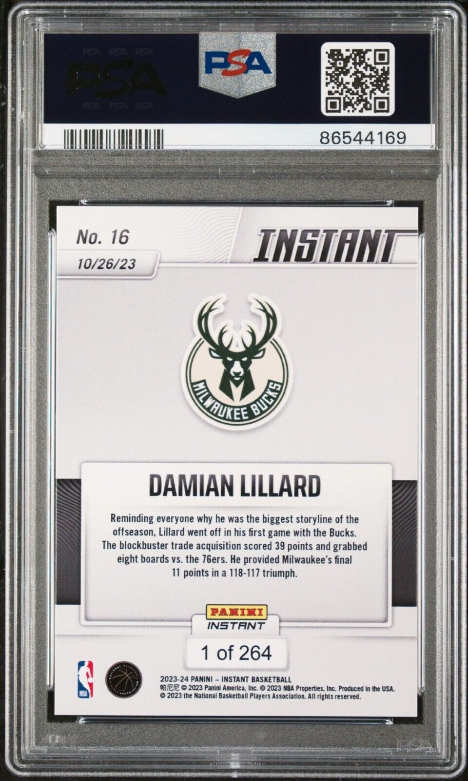 Damian Lillard 2023-24 Panini #16 Basketball NBA Card Bucks 1 of 264 PSA 9 Mint