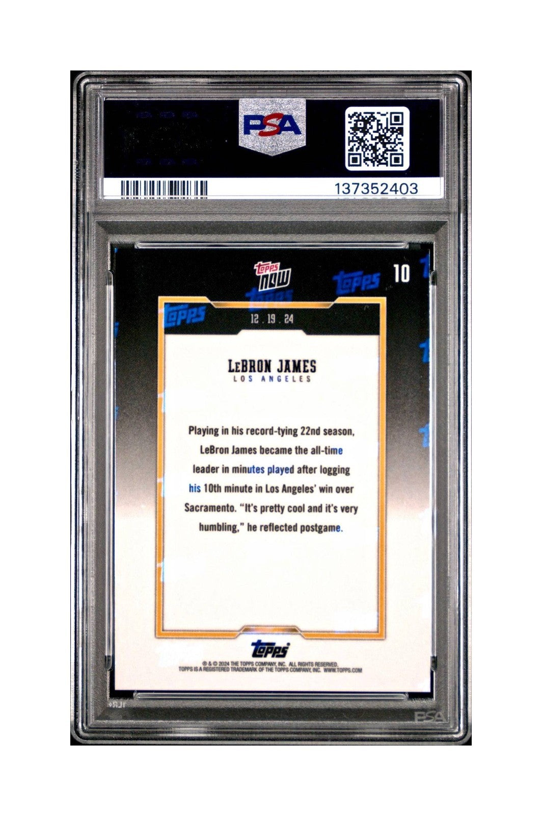LeBron James 2024 Topps Now #10 All-Time Leader Minutes Played PSA 10 Gem Mint