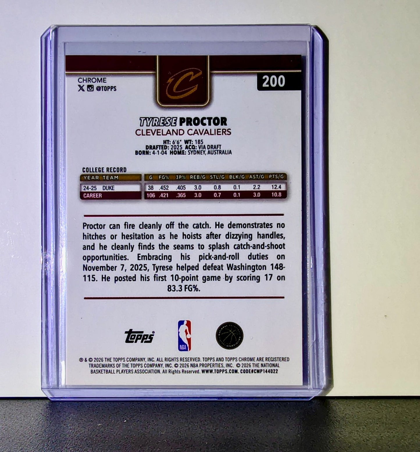 Tyrese Proctor Rookie 2025-26 NBA Topps Chrome Update RayWave Refractor #200