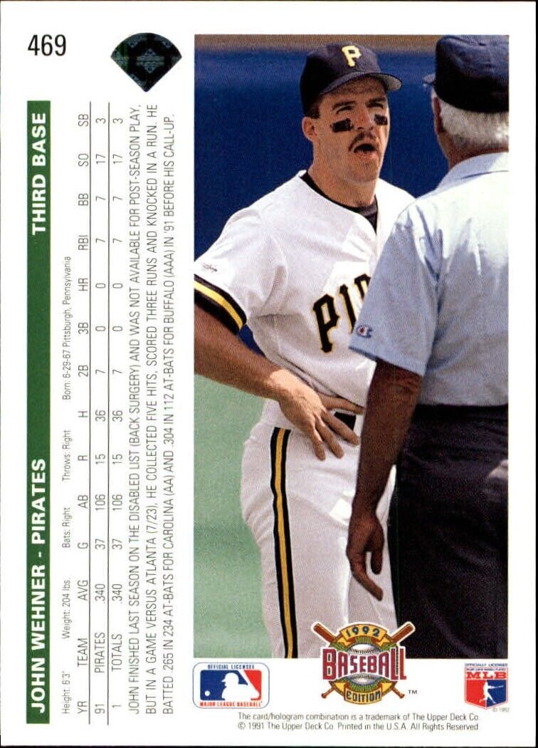 John Wehner 1992 Upper Deck MLB #469 Baseball Card Pittsburgh Pirates