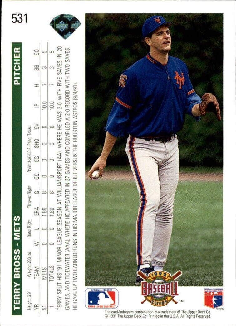 Terry Bross 1992 Upper Deck MLB #531 Baseball Card New York Mets