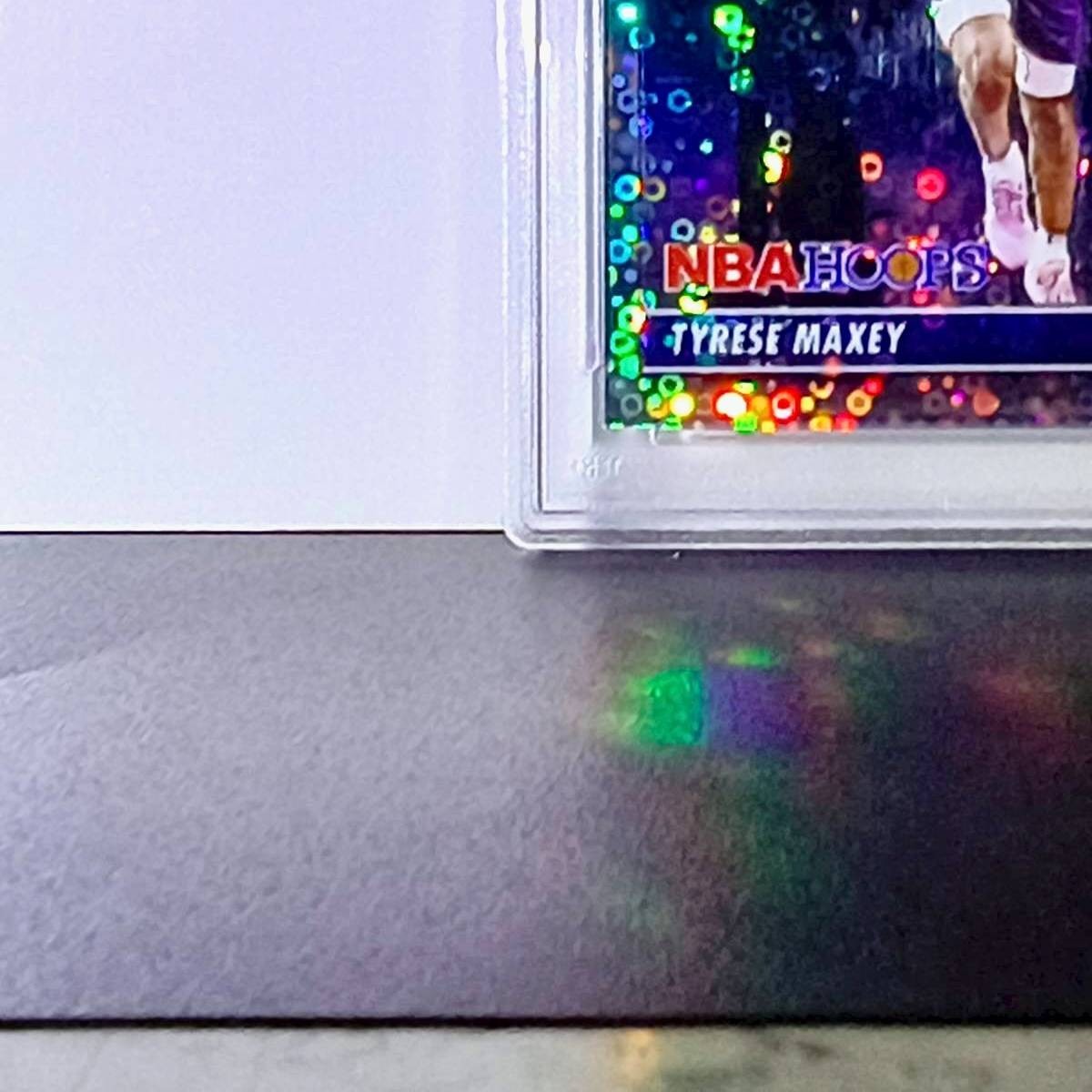 Tyrese Maxey 2023 NBA Panini Hoops Premium #18 City Edition Disco Prizm PSA 8
