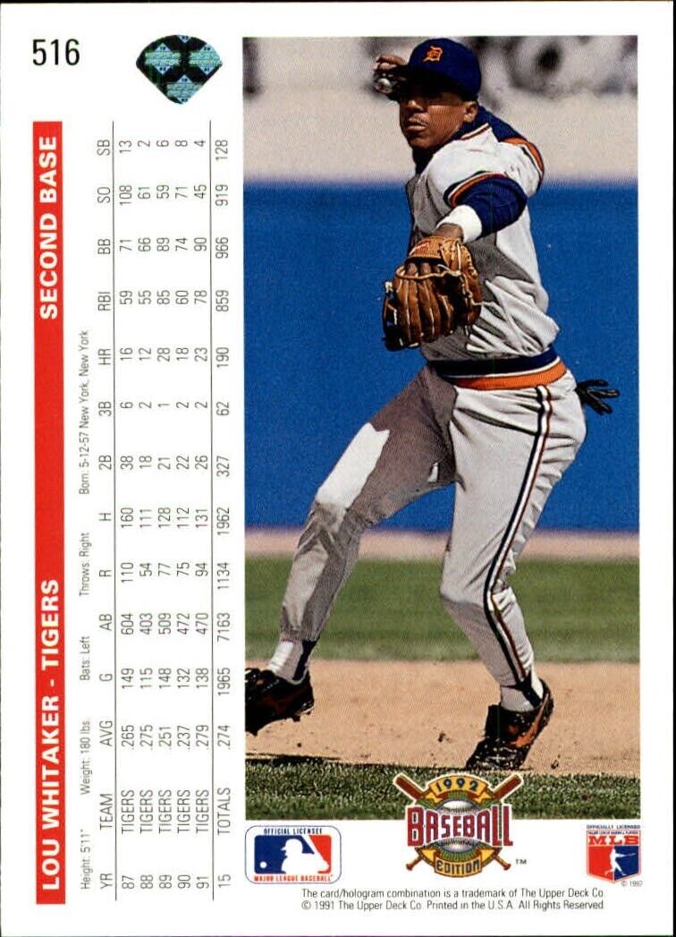 Lou Whitaker 1992 Upper Deck MLB #516 Baseball Card Detroit Tigers