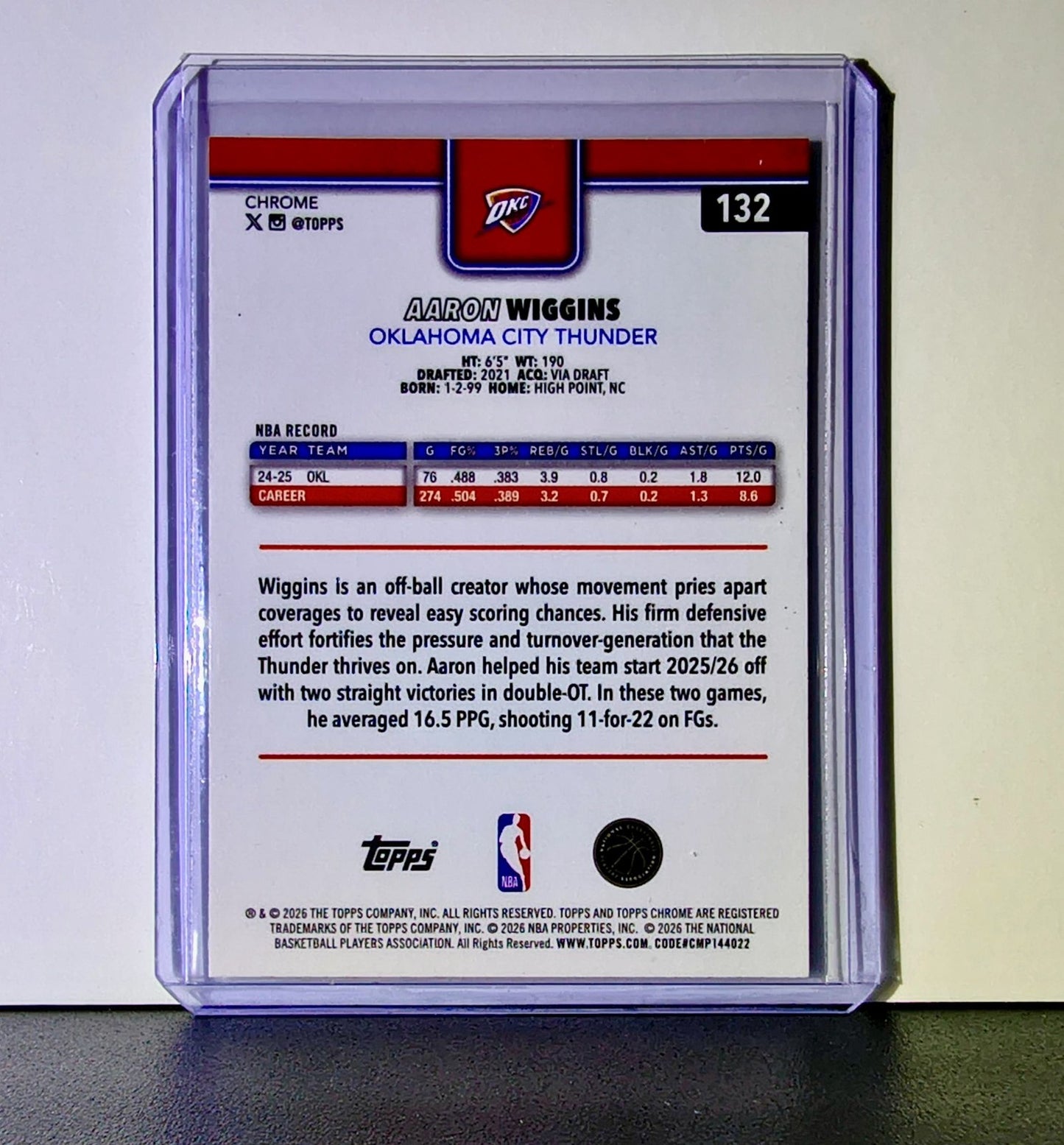Aaron Wiggins 2025-26 NBA Topps Chrome Update #132 Card Oklahoma City Thunder