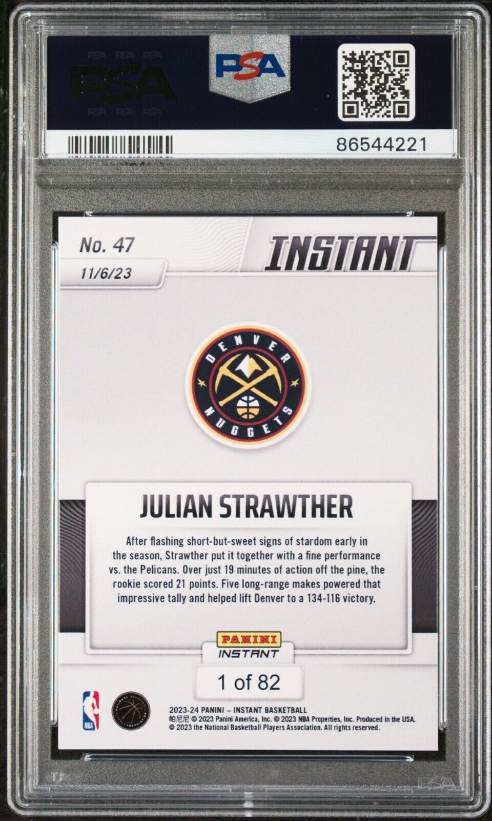 Julian Strawther 2023-24 Panini #47 NBA Rookie Card Nuggets 1 of 82 PSA 9 Mint