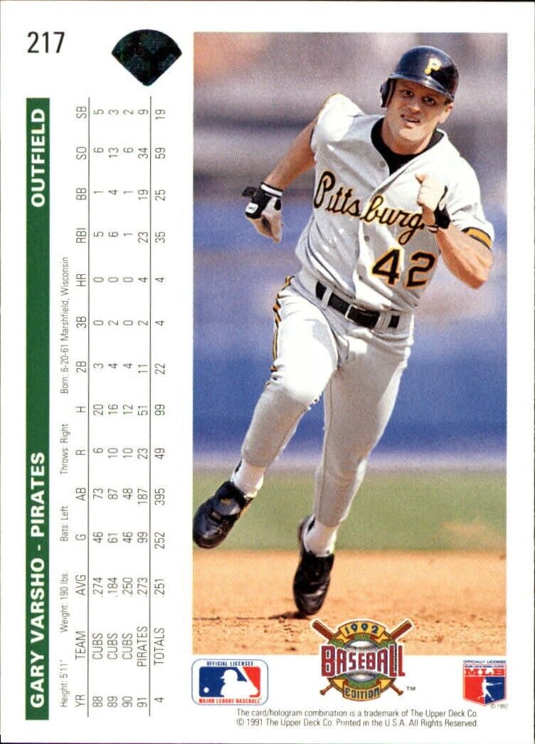 Gary Varsho 1992 Upper Deck MLB #217 Baseball Card Pittsburgh Pirates