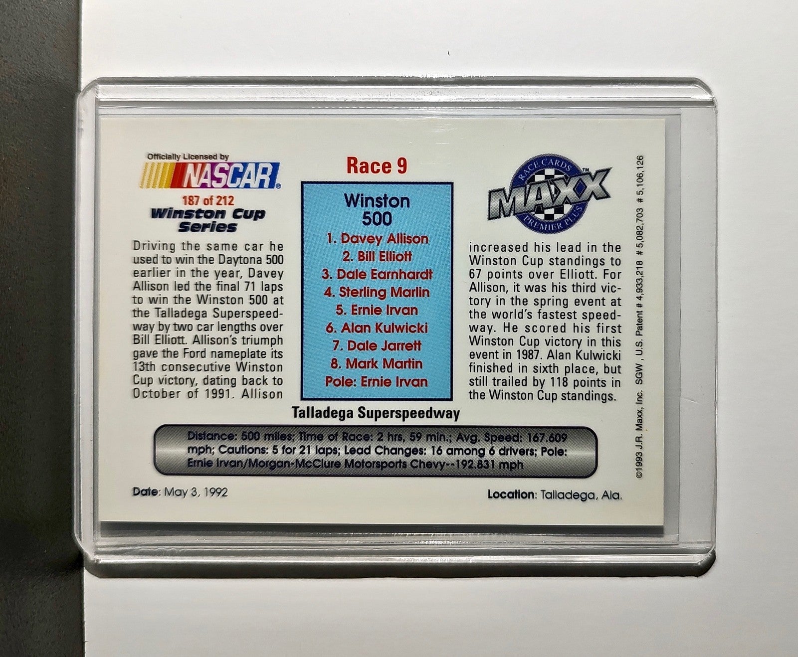 Race 9 Talledega YR 1993 Maxx Premier Plus Racing #187 NASCAR Card Robert Yates