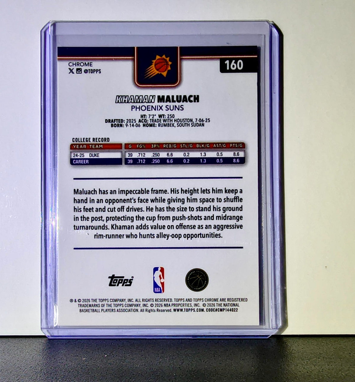 Khaman Maluach Rookie 2025-26 NBA Topps Chrome Update RayWave Refractor #160