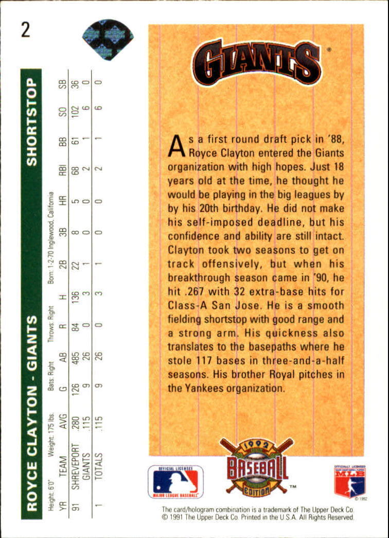 Royce Clayton 1992 Upper Deck MLB #2 Star Rookies Card San Francisco Giants