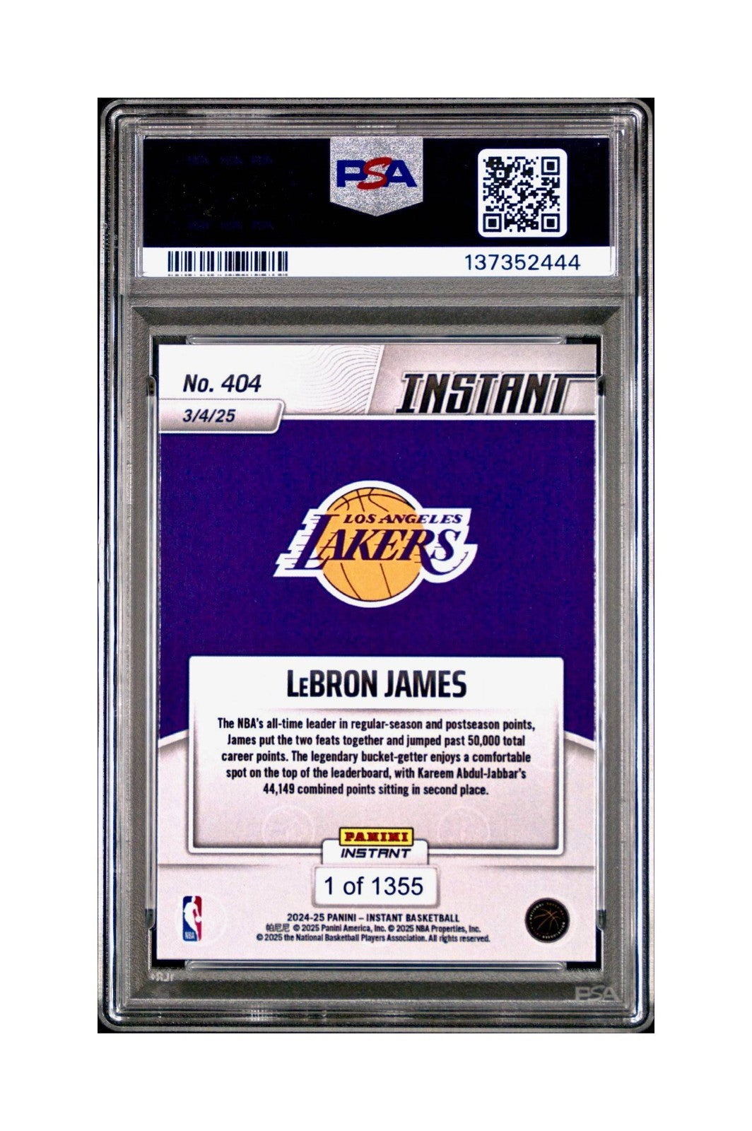 Lebron Jams 2024 Panini Instant #404 Milestone Moment PSA 9 Mint