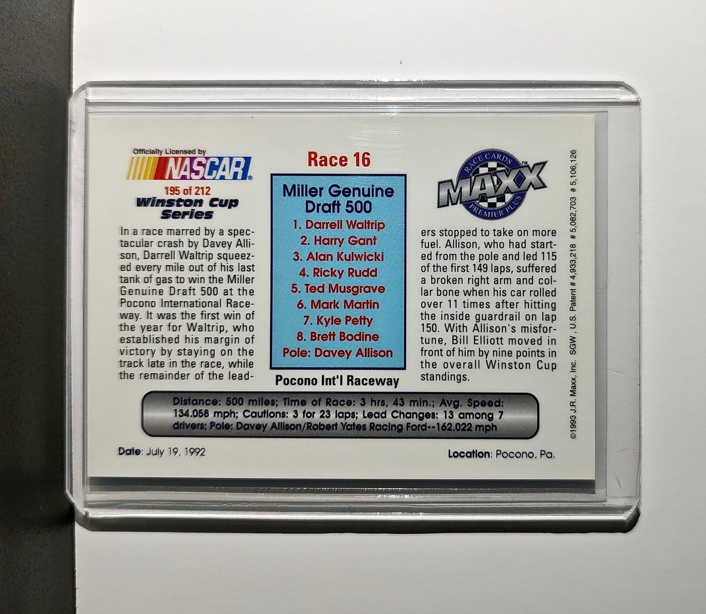 Race 16 Pocono YR 1993 Maxx Premier Plus Racing #195 NASCAR Card DARWAL Inc.