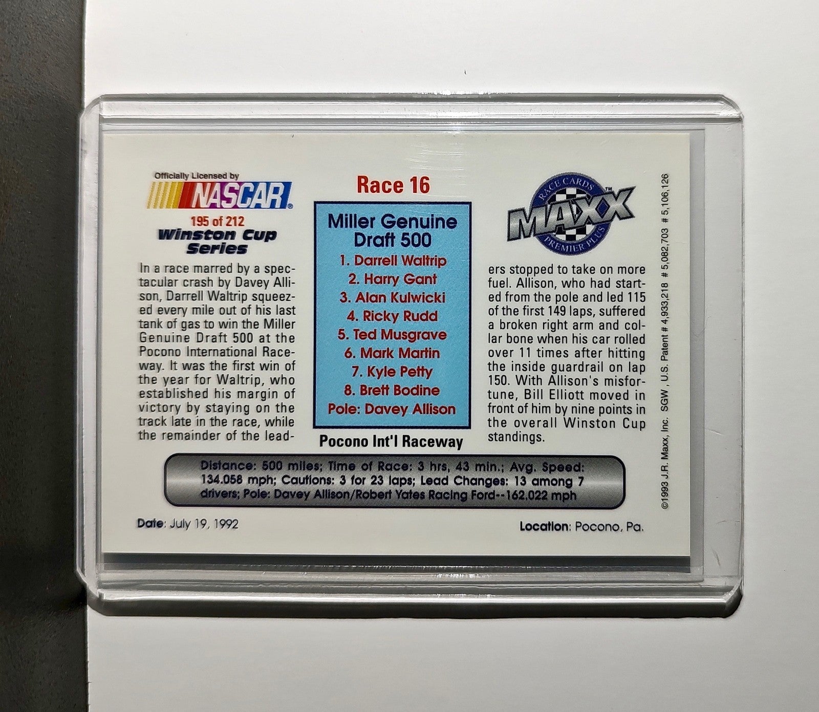 Race 16 Pocono YR 1993 Maxx Premier Plus Racing #195 NASCAR Card DARWAL Inc.