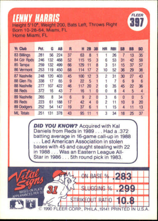 1990 Lenny Harris Fleer Baseball Card #397