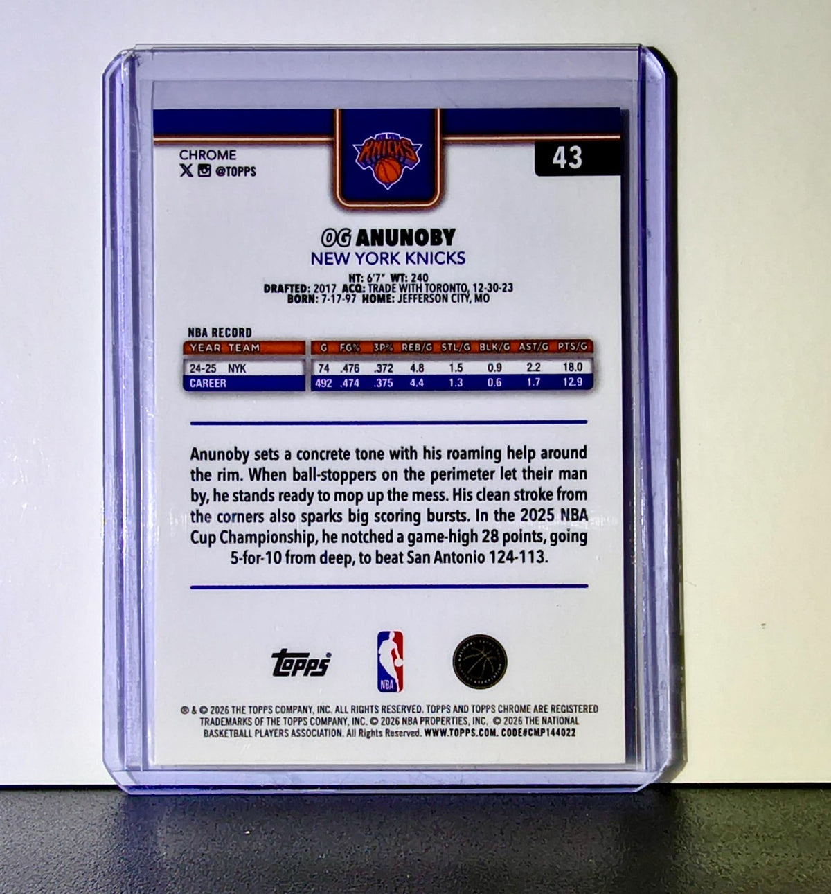 OG Anunoby 2025-26 NBA Topps Chrome Update RayWave Refractor #43 Card NY Knicks