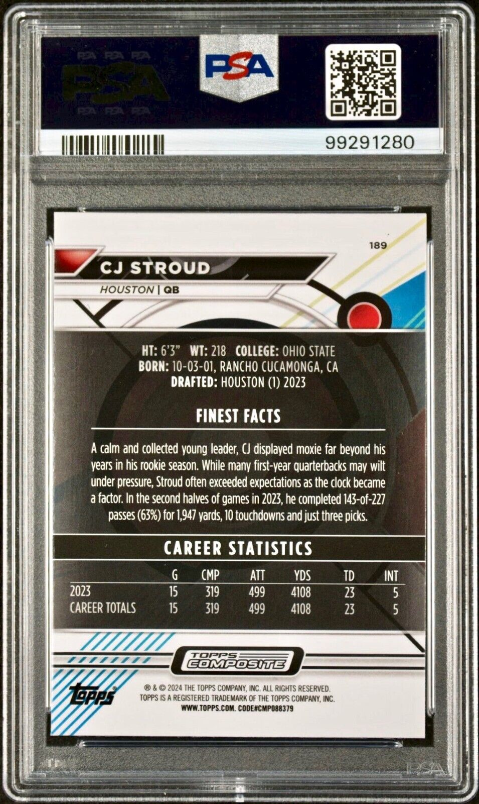 CJ Stroud 2023 Topps Finest Rookie NFL #189 Football Card PSA 10 Gem Mint