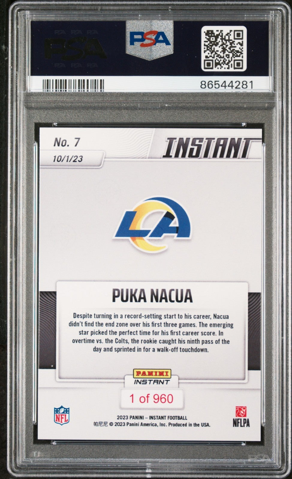 Makea "Puka" Nacua 2023 Panini NFL Rookie Football #7 Card 1 of 960 Rams PSA 9