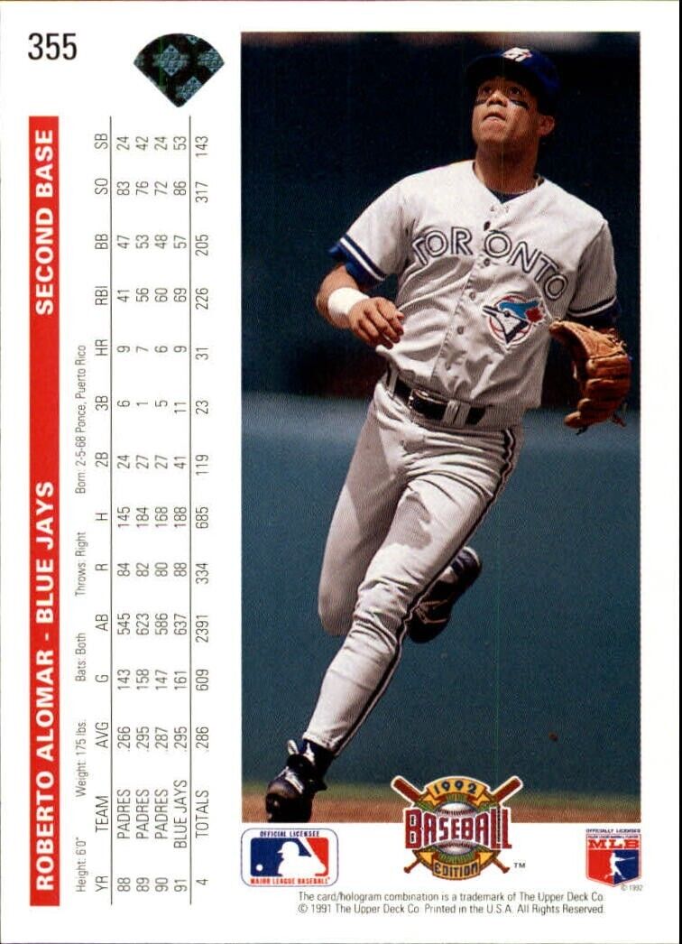 Roberto Alomar 1992 Upper Deck MLB #355 Baseball Card Toronto Blue Jays