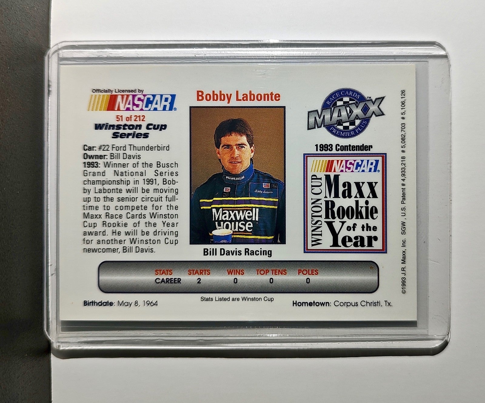 Bobby Labonte 1993 Maxx Premier Plus Racing #51 NASCAR Card Bill Davis Racing