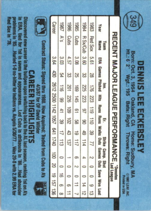 1988 Dennis Eckersley Donruss Baseball Card #349