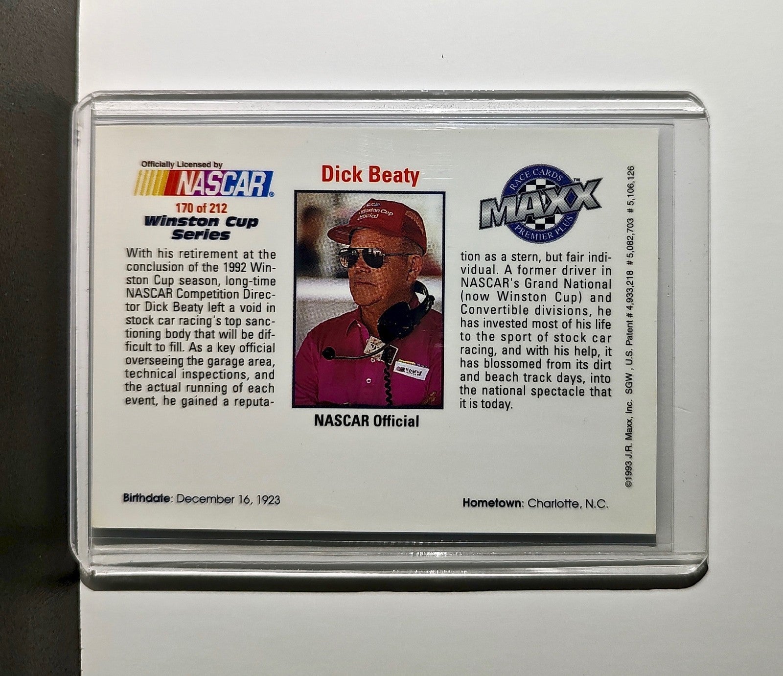 Dick Beaty 1993 Maxx Premier Plus Racing #170 NASCAR Card