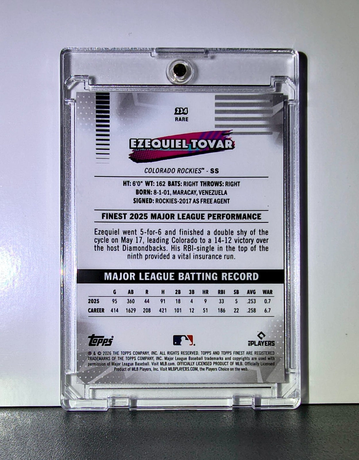 Ezequiel Tovar 2026 MLB Topps Finest #234 Rare Pink Refractor Rockies 087/250