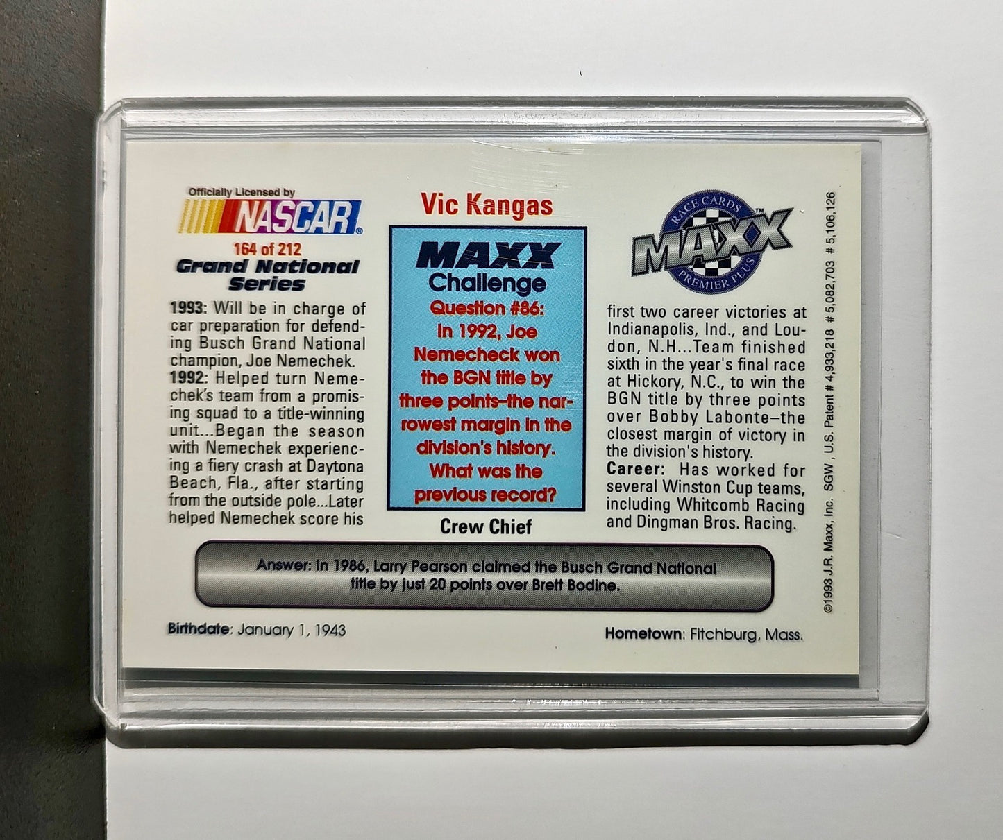 Vic Kangas 1993 Maxx Premier Plus Racing #164 NASCAR Card NEMCO Motorsports