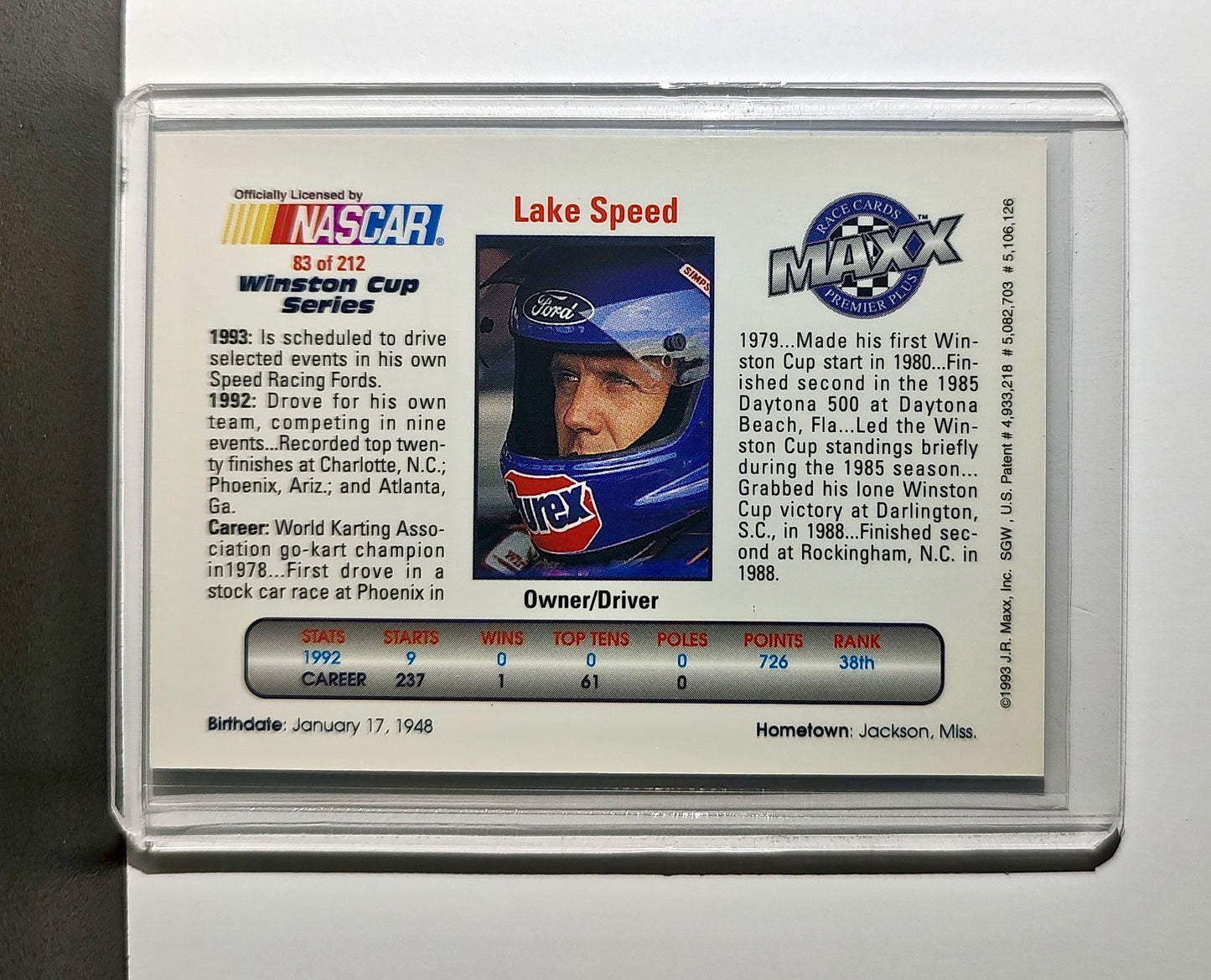Lake Speed 1993 Maxx Premier Plus Racing #83 NASCAR Card Lake Speed Racing