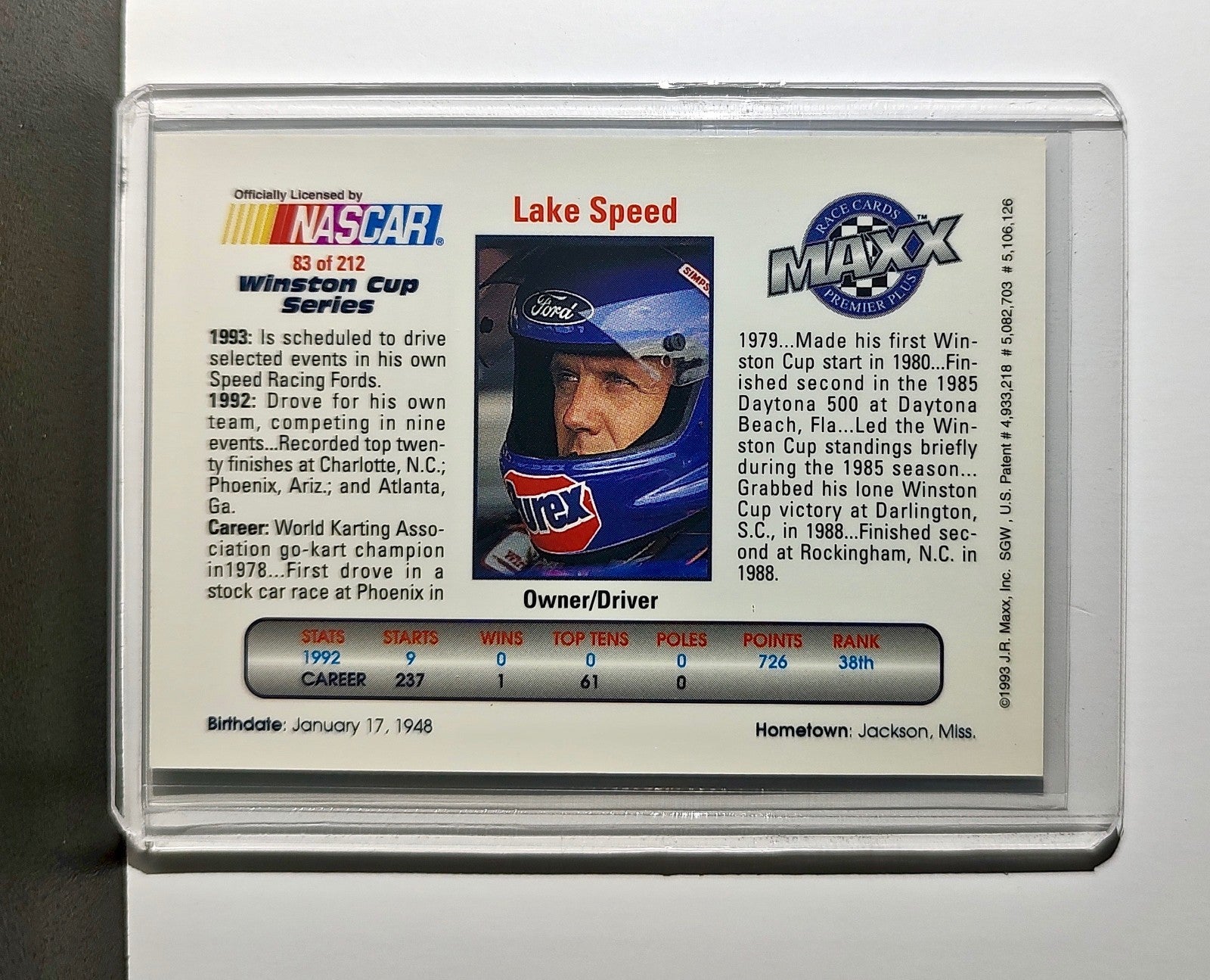 Lake Speed 1993 Maxx Premier Plus Racing #83 NASCAR Card Lake Speed Racing