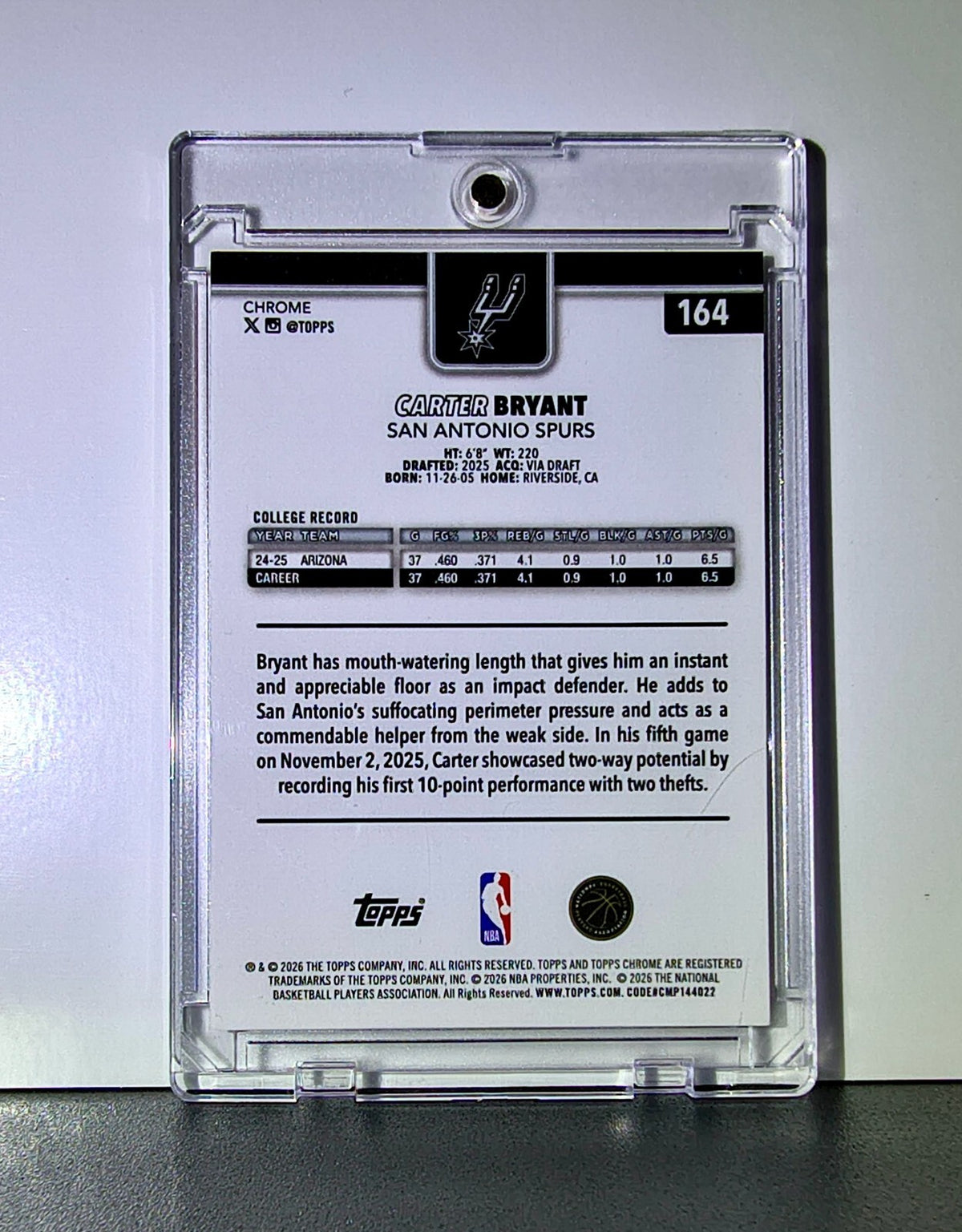 Carter Bryant Rookie 2025-26 NBA Topps Chrome Update #164 Red White Blue Refract