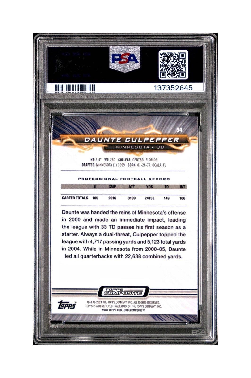 Daunte Culpepper 2023 Topps Resurgence #94 Blue and Orange Spark PSA 10 Gem Mint