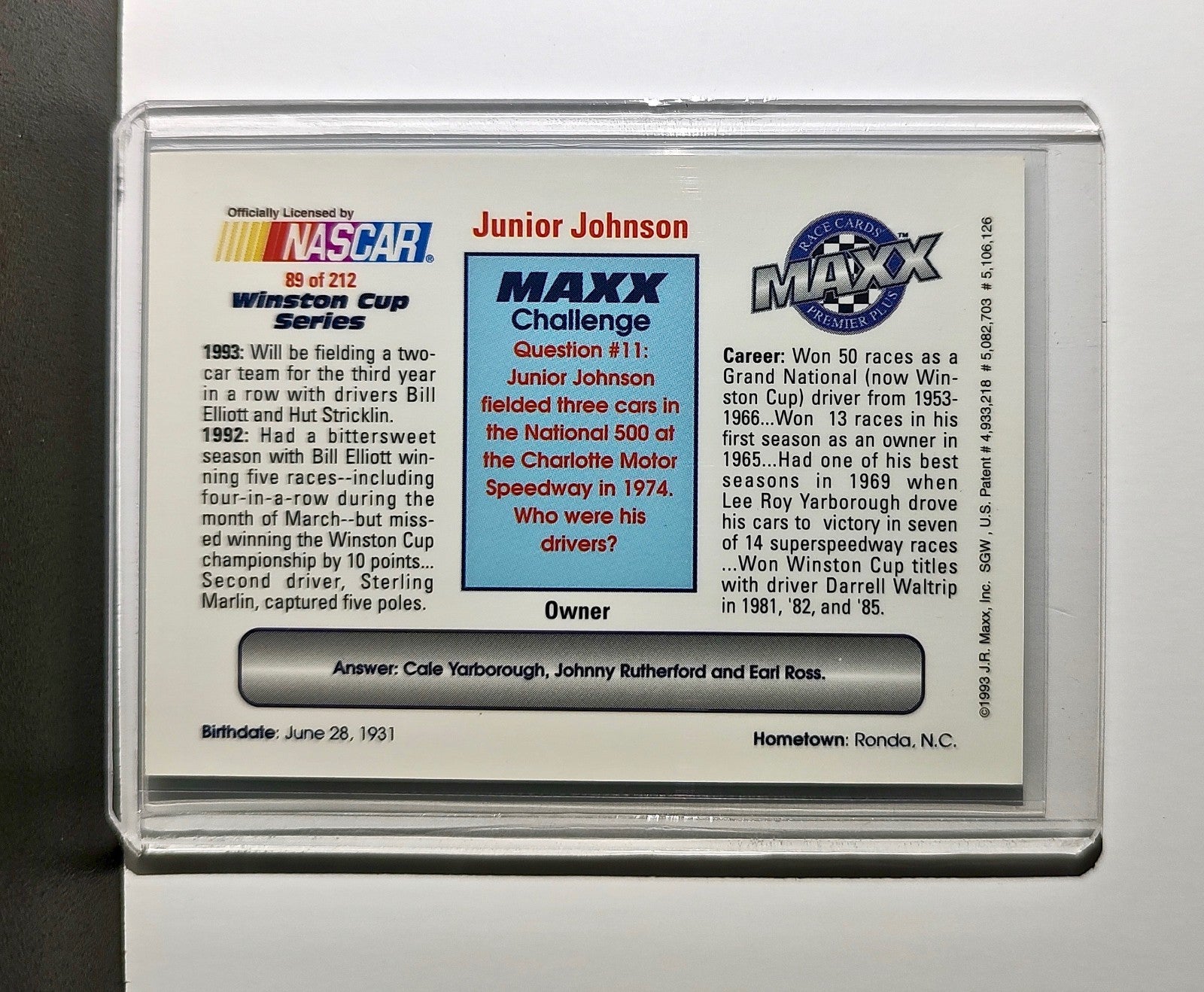 Junior Johnson 1993 Maxx Premier Plus Racing #89 NASCAR Card Junior Johnson