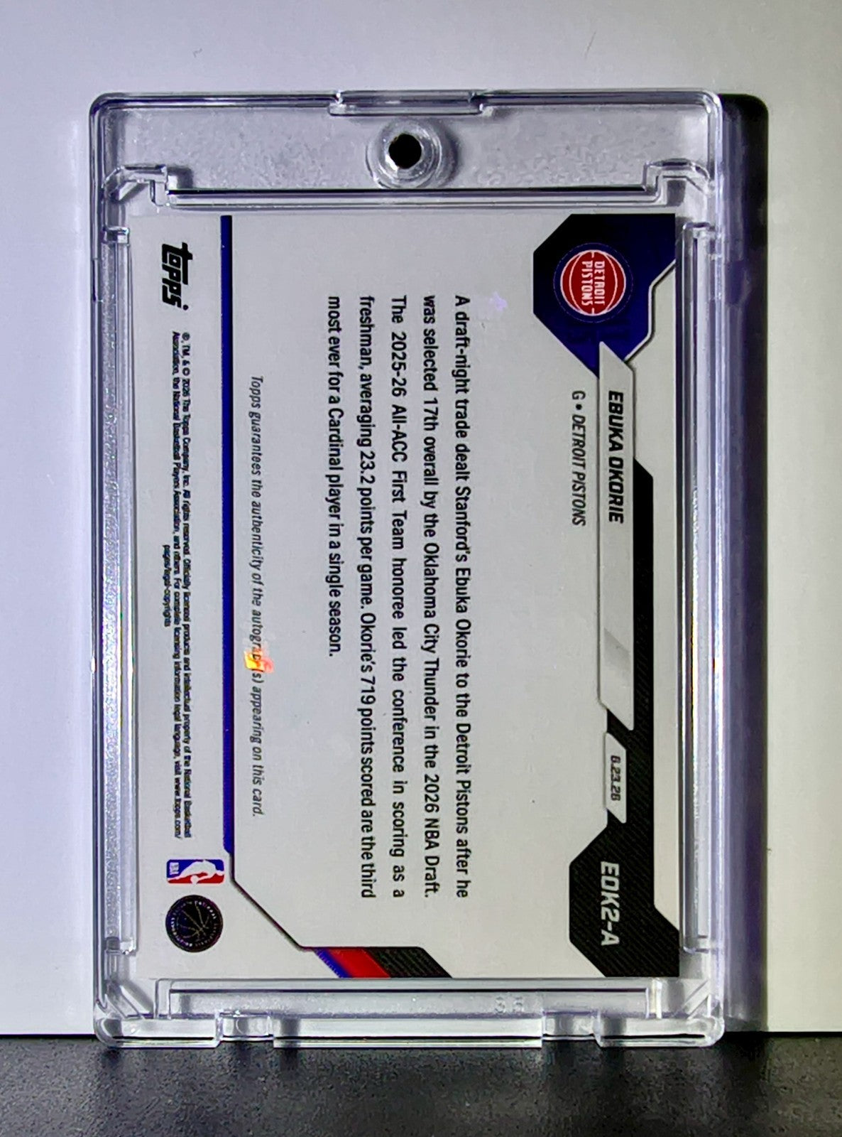 Ebuka Okorie 2026 Rookie NBA Topps Draft #EOK2-A Autograph Card Pistons 09/10