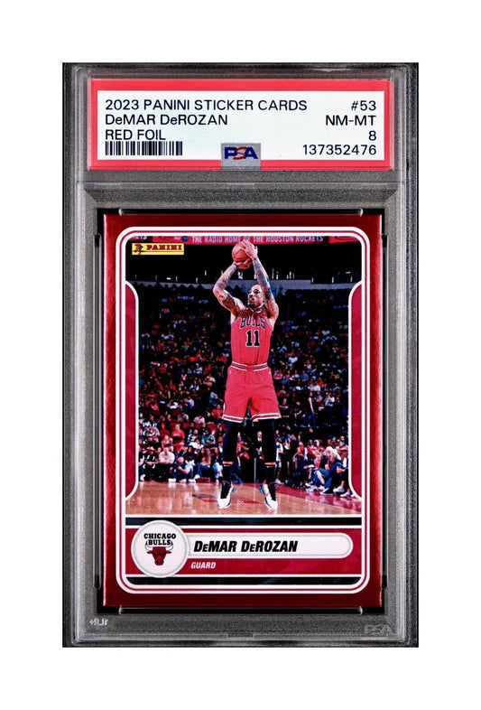 DeMar DeRozan 2023-24 Panini Sticker Cards #53 125/125 Red Foil Variant PSA 8