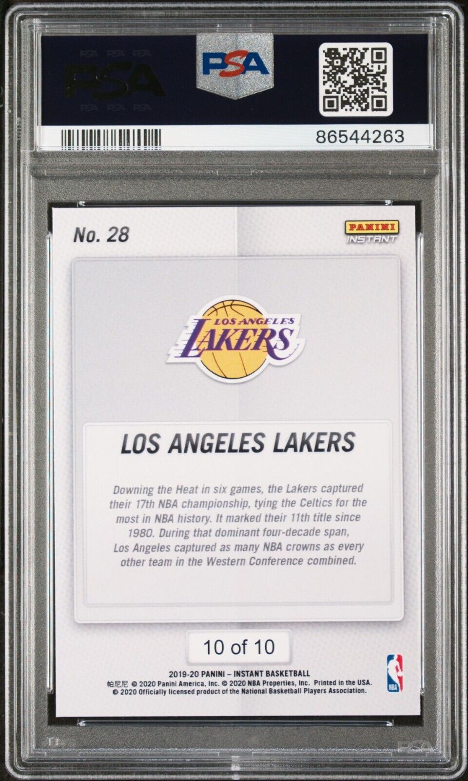 Los Angeles Lakers 2020 Panini LA Lakers NBA Champions #28 Card 10/10 PSA 9