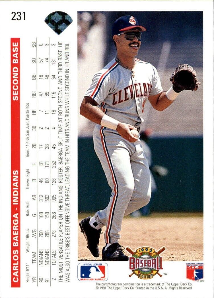 Carlos Baerga 1992 Upper Deck MLB #231 Baseball Card Cleveland Indians