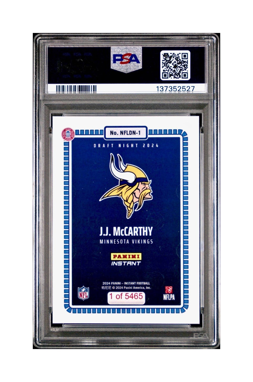 J.J. McCarthy 2023 Panini Instant Draft Night #NFLDN-1 PSA 9 Mint