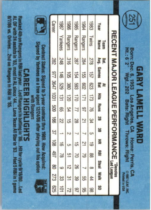 1988 Gary Ward Donruss Baseball Card #251