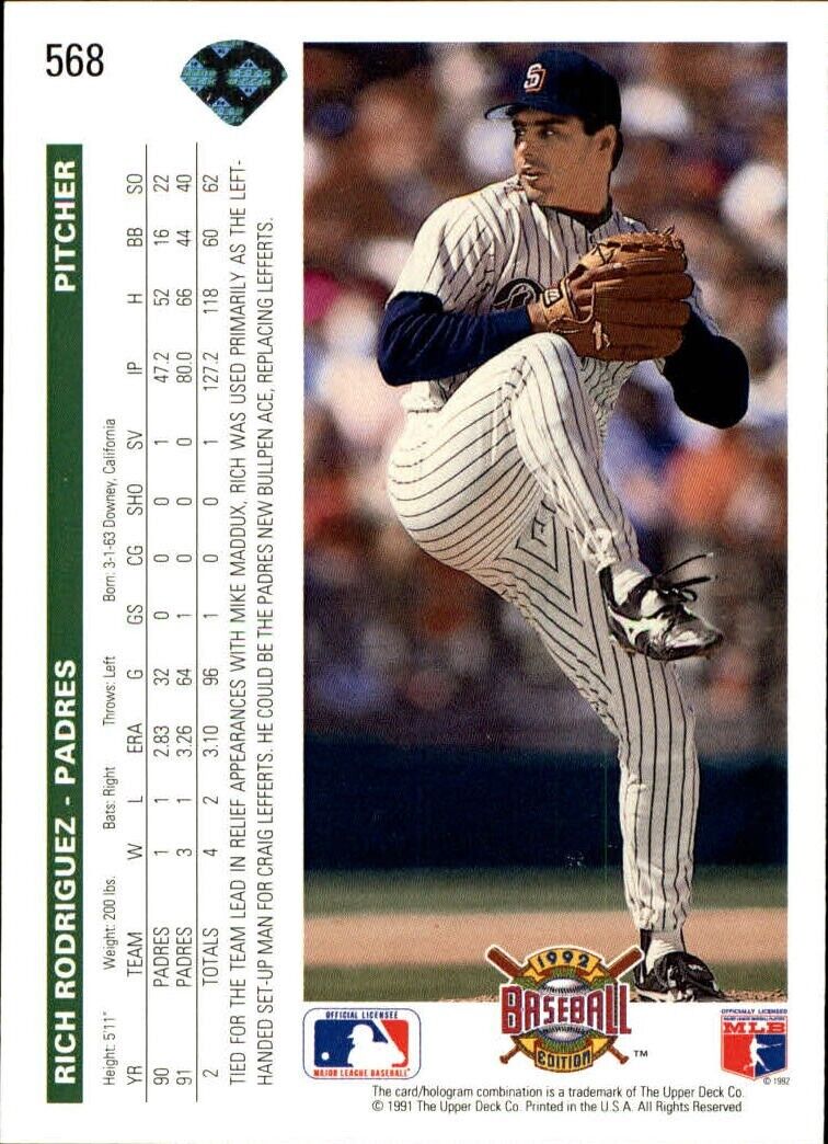 Rich Rodriguez 1992 Upper Deck MLB #568 Baseball Card San Diego Padres