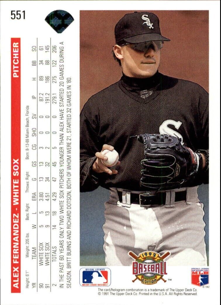 Alex Fernandez 1992 Upper Deck MLB #551 Baseball Card Chicago White Sox