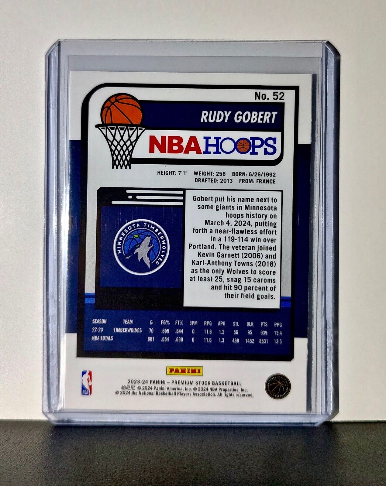 Rudy Gobert 2023-24 Panini Premium Stock NBA Hoops #52 Card Timberwolves