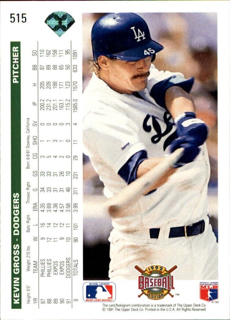 Kevin Gross 1992 Upper Deck MLB #515 Baseball Card Los Angeles Dodgers