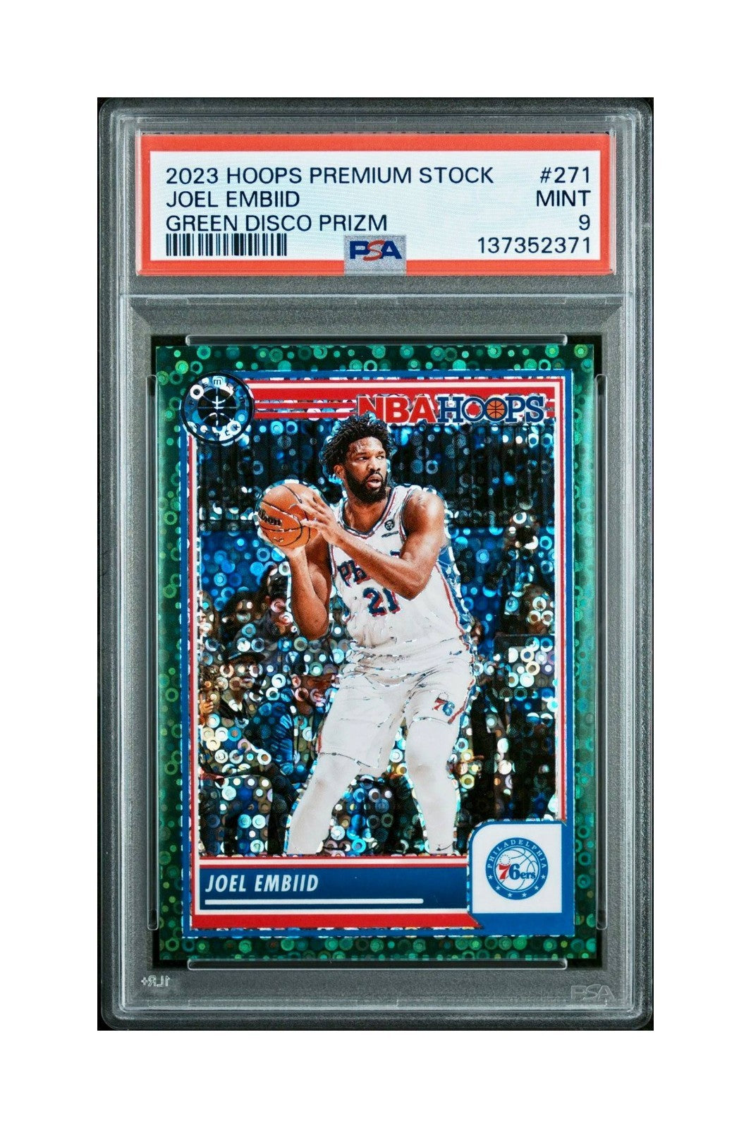 Joel Embiid 2023 Panini Hoops Premium #271 5/5 Green Disco Prizm PSA 9 Mint