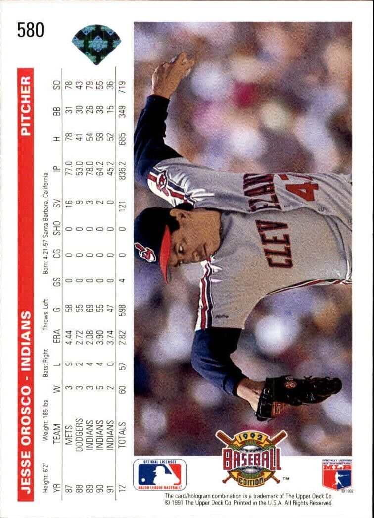Jesse Orosco 1992 Upper Deck MLB #580 Baseball Card Cleveland Indians