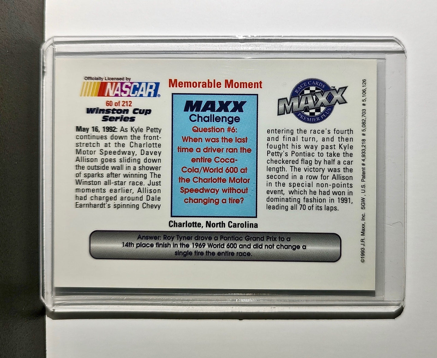 Memorable Moment 1993 Maxx Premier Plus Racing #60 NASCAR Card SABCO Racing