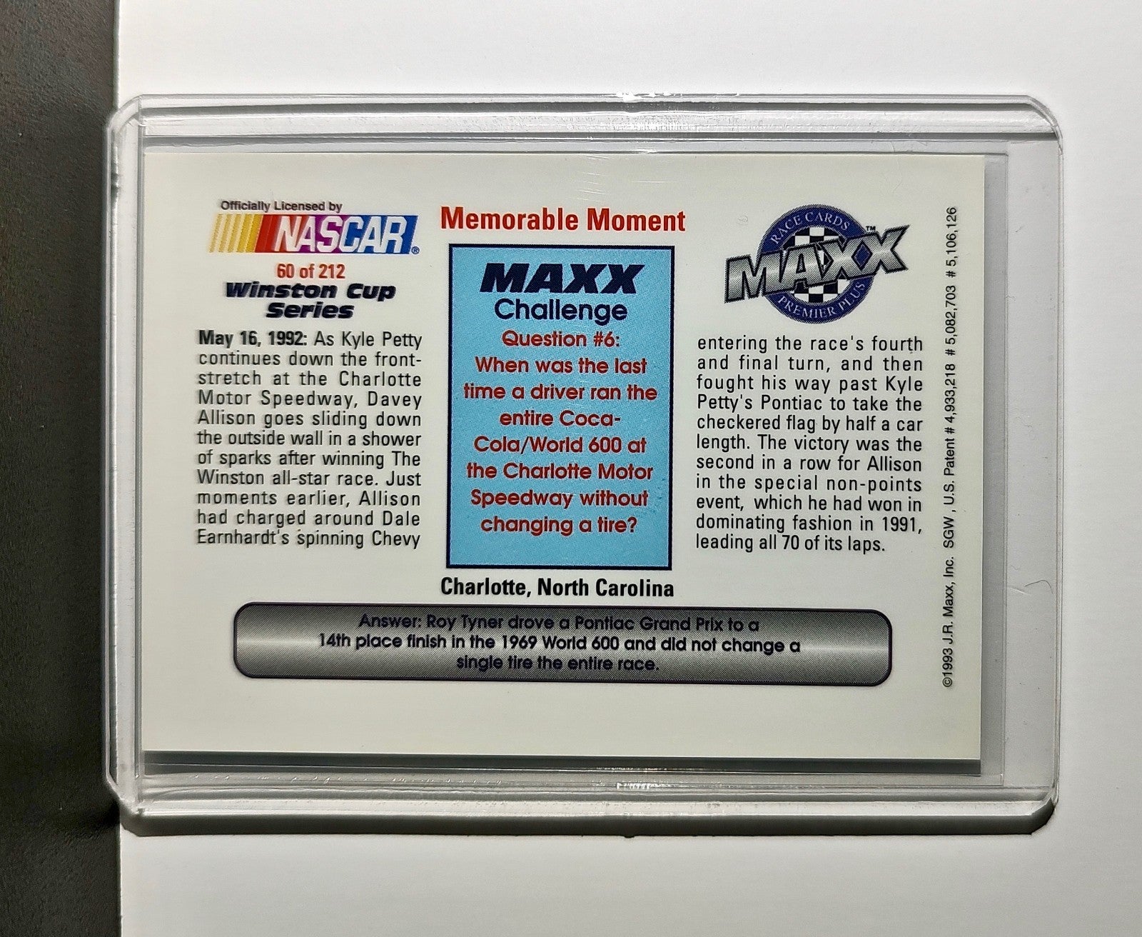 Memorable Moment 1993 Maxx Premier Plus Racing #60 NASCAR Card SABCO Racing