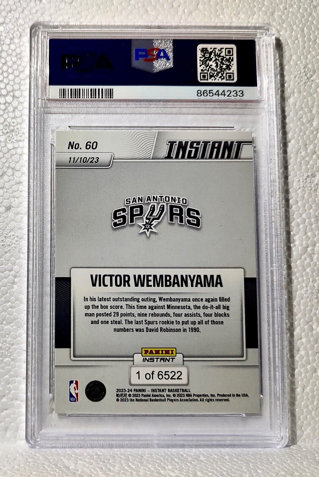 Victor Wembanyama 2023-24 Panini #60 NBA Rookie Card 1 of 6522 PSA 10 Gem Mint