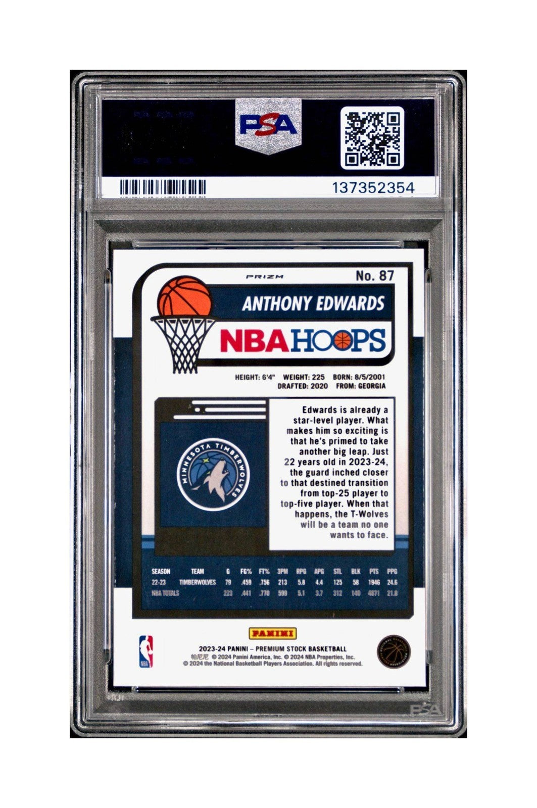 Anthony Edwards 2023 Panini Hoops Premium #87 Pulsar PSA 9 Mint
