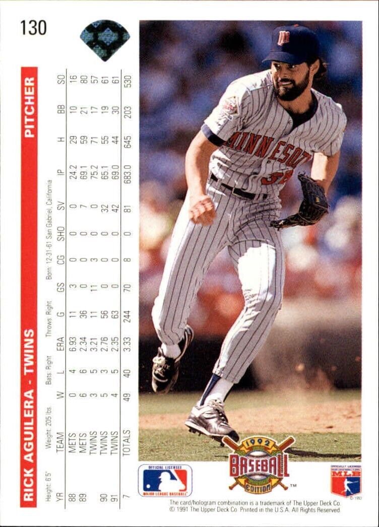 Rick Aguilera 1992 Upper Deck MLB #130 Baseball Card Minnesota Twins